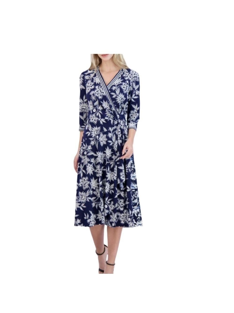 Signature Robbie Bee Women's Plus Size Navy Floral Wrap Ring Dress NWT Size 3X